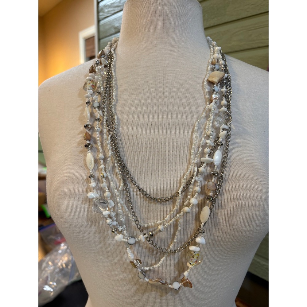 Multi Strand Layered Statement Necklace White Shell Bead Silver Tone Boho